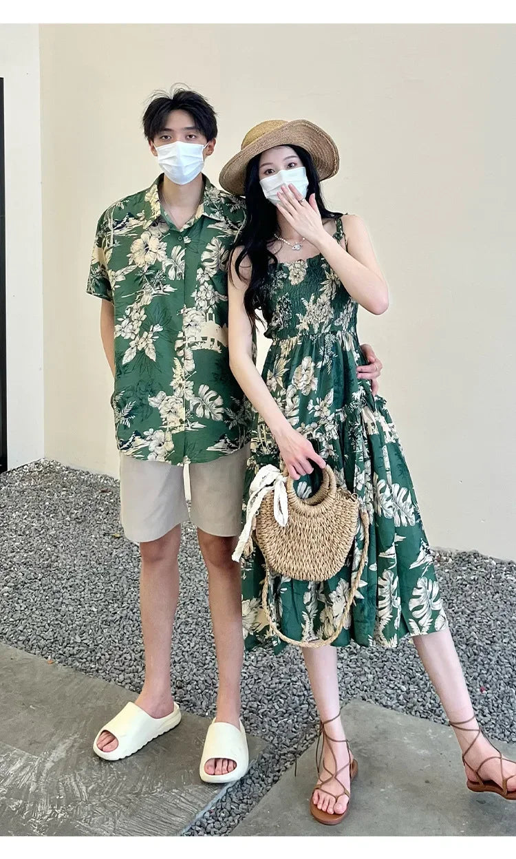 Holiday Family Matching Beach Clothes Couple Vacation Look Mom  Dress Resort Dad Son Print Shirts Outfits Daughter Smock Green