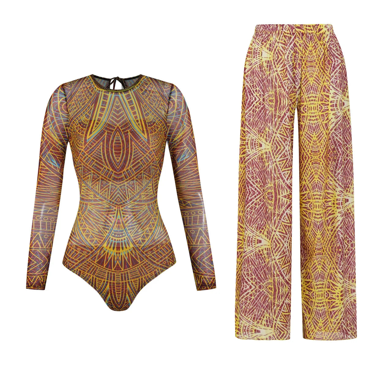 Women's Long Sleeve Swimwear Sunscreen One Piece Swimsuit High Elastic Thickened Mesh Loose Pants SPF35+ New Fitness Beachwear