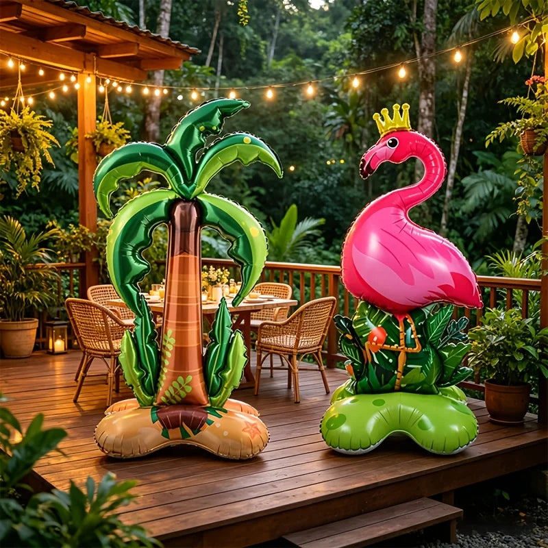 2Pcs Large Flamingo and Coconut Tree Foil Balloon Set, Tropical Style Design, Suitable for Hawaiian Themed Parties, Pool Parties, Tropical Birthday Celebrations, Wedding Background Decorations, Outdoor Barbecue Parties, Indoo