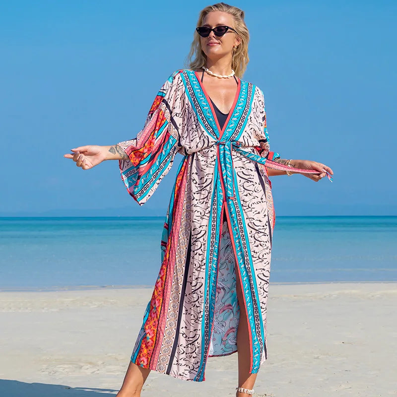 Swimsuit Cover Up Printed Kimono for Sea Boho Coverup Long Luxury Beach Outings Belted Swimwear Cape Holiday Bathing Suits Sales