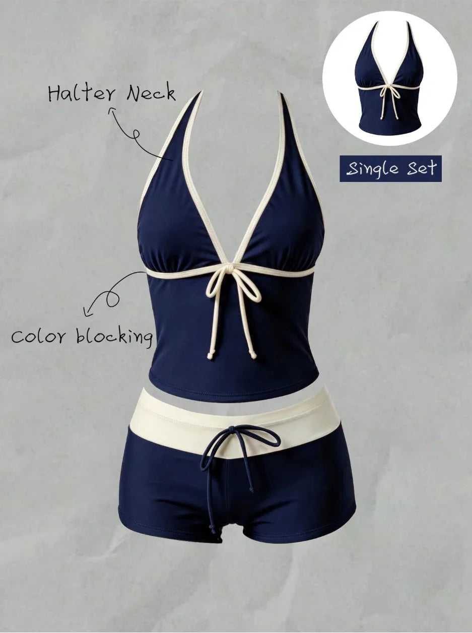 Women Swimwears Polka Dot 2-Piece Tankini Set Halter V Neck Front Tie Cami Top & Contrast Waistband Drawstring Swim Shorts