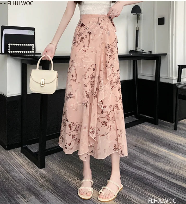 Wrap Up Chic Korea Clothes Women Cute Girls Floral Robe Holiday Beach Date High Waist Retro Vintage One-Piece Lace-Up Skirts