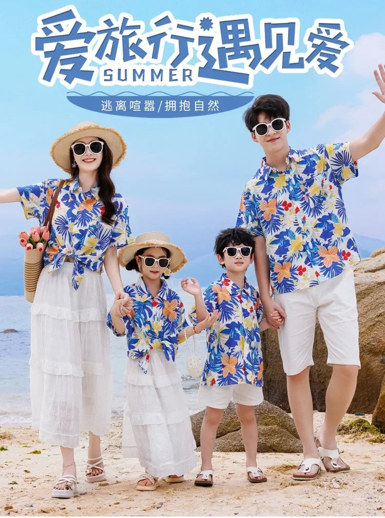Vacation Family Matching Clothes Sets Mom Daughter Shirts Skirt Casual Dad Son Tops Shorts Resort Parent Child Two Piece Outfit