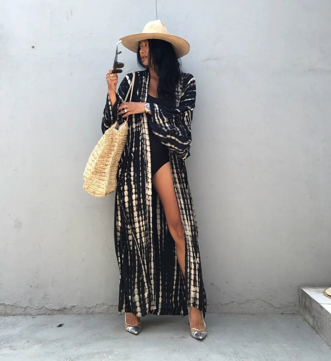 Women's Boho Stripe Tie Dye Swimsuit Cover Up with Belt Tunic Sarong Cardigan Dress Bikini Cover-ups Beach Wear Kimono