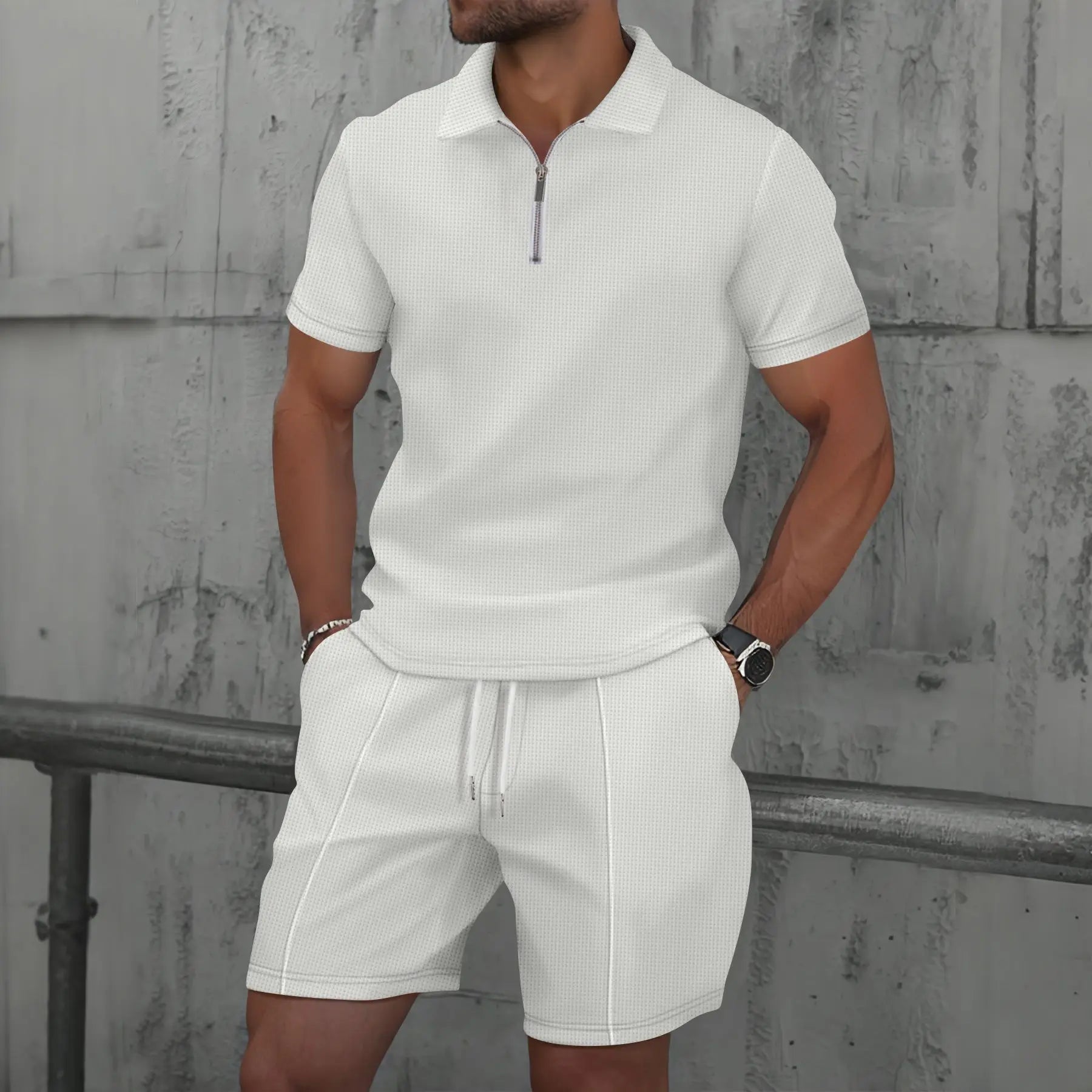 Men Europe and the United States New Summer Waffle Solid Color Zip-Up Lapel Short-Sleeve Suit Shorts Two Sets