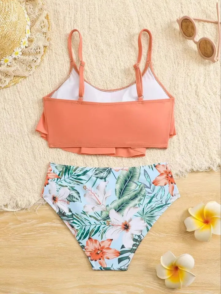 7-12 Years Girls Kids High Waist Ruffle Swimwear Summer Beach Children Swimsuit Print Biquini Teens Bathing Suit Pink Bikini Set
