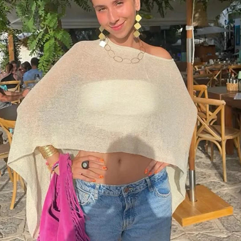 Boho Beach Vacation Cover-ups Irregular Knitted Crop Tops Y2k Aesthetic Vintage Smocked T-shirt Summer Going Out Pullovers Tees