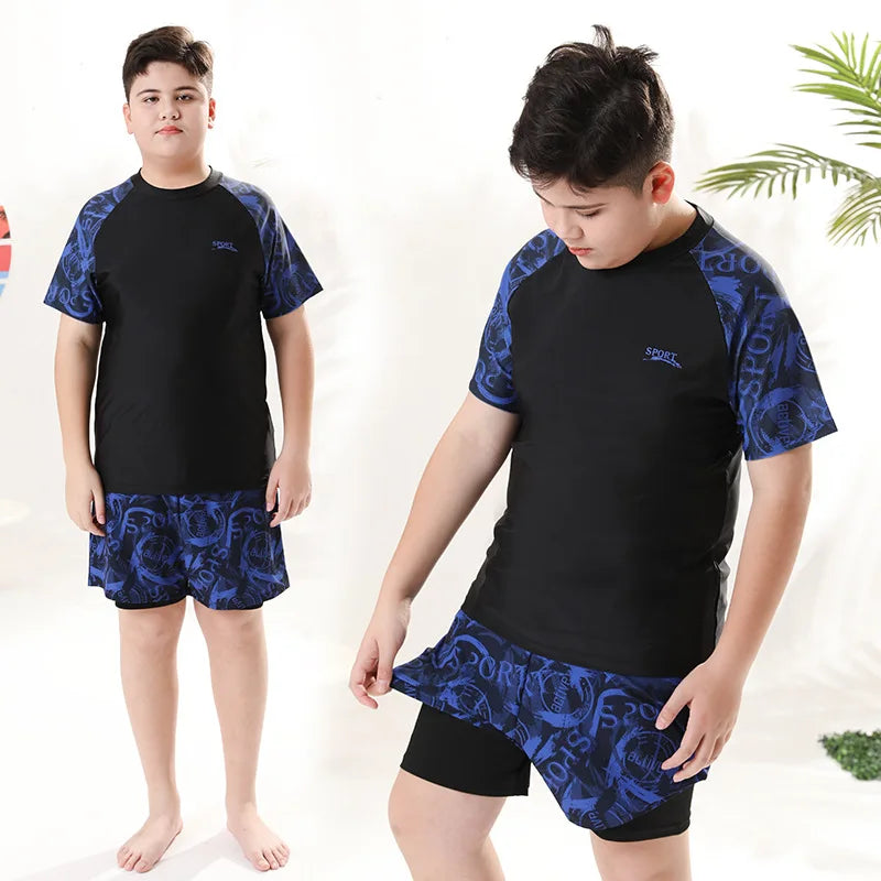 Children's Swimwear with Cap, Split Body, Short Sleeve, Two Piece Swimsuit for Men, Teenagers, Boys, New, Hot Spring Set, 2024