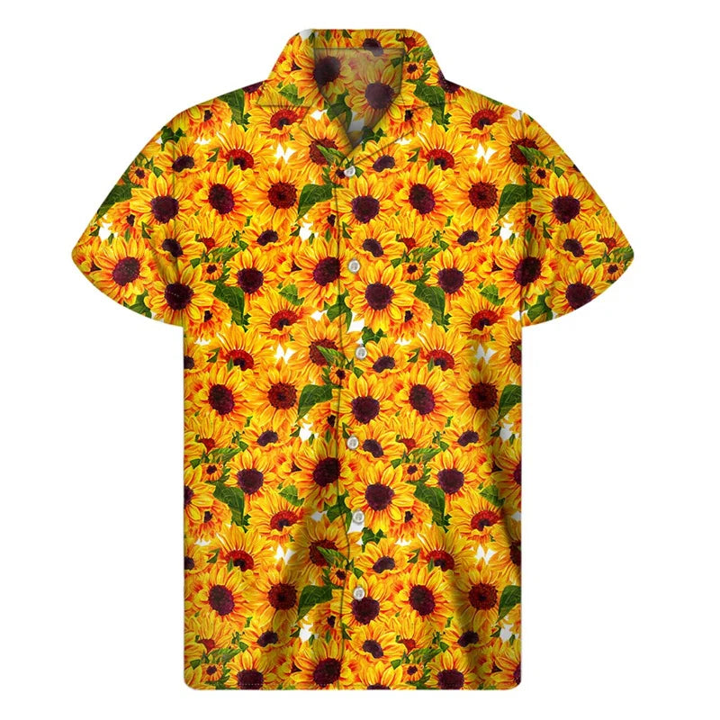 3d Plants Sunflower Print Shirt For Men Fashion Classic Short Sleeve Summer Vacation Shirts Breathable Tops Hawaiian Shirts