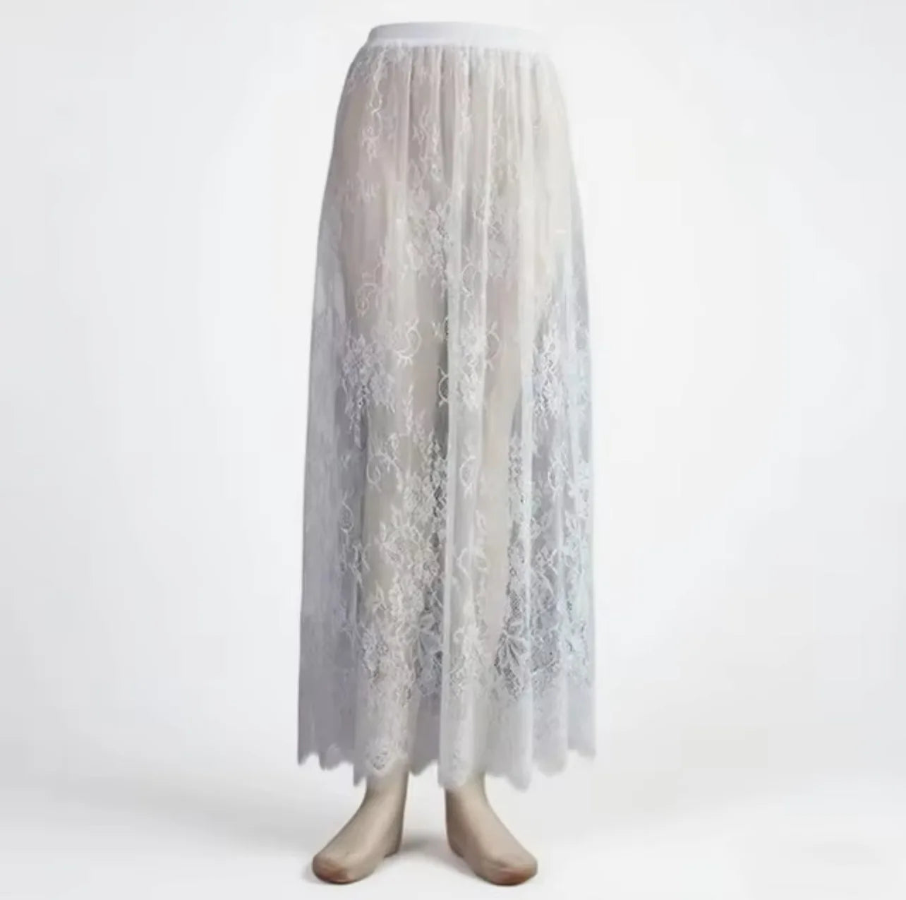 2 Length Elegant Black Skirt White Lace Transparent Long Tulle Skirt Ladies Elastic High Waist Beach Midi Skirt