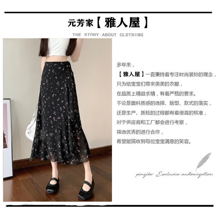 Wrap Up Chic Korea Clothes Women Cute Girls Floral Robe Holiday Beach Date High Waist Retro Vintage One-Piece Lace-Up Skirts