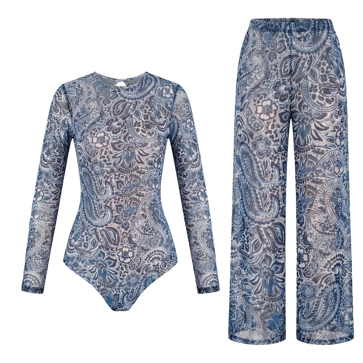 Women's Long Sleeve Swimwear Sunscreen One Piece Swimsuit High Elastic Thickened Mesh Loose Pants SPF35+ New Fitness Beachwear