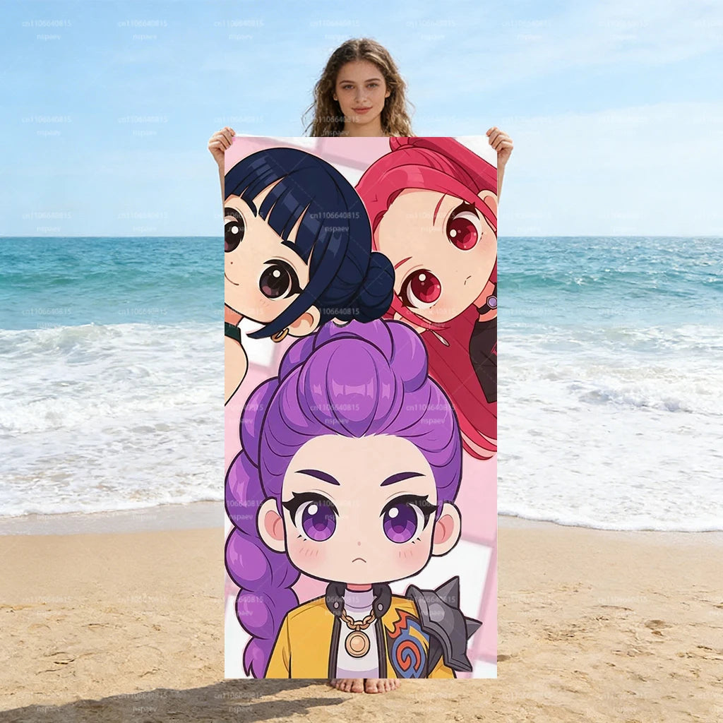 Chibi Anime Girl Beach Towel, Soft Microfiber Quick Dry Bath Towel, Cute Cartoon Pool Swim Towel for Kids Adults Beach Vacation