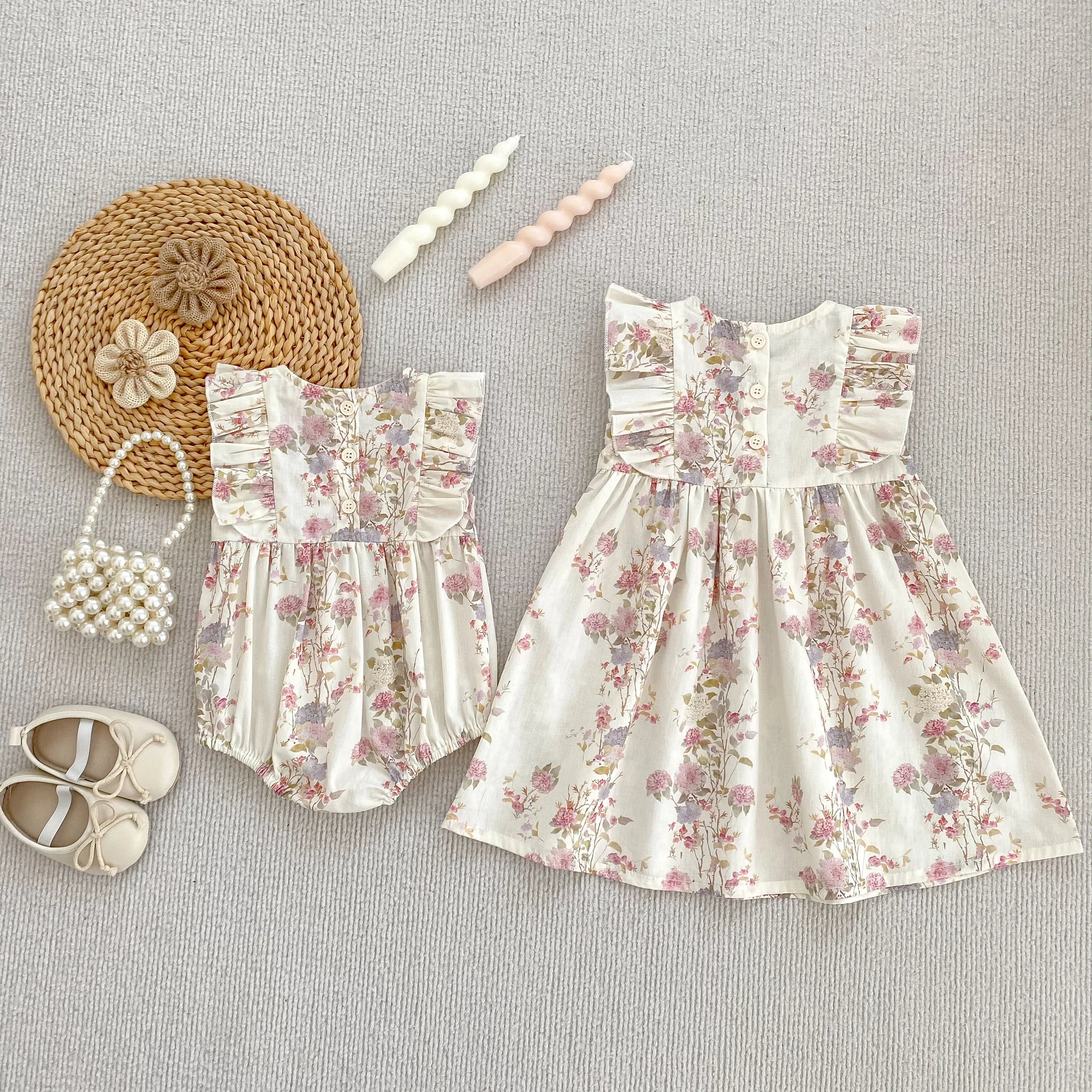 Girls Pink Floral Dress Ruffle Baby Romper Dress Summer Kids Short Sleeve Beach Dresses Toddler Bodysuit Sister Family Clothes