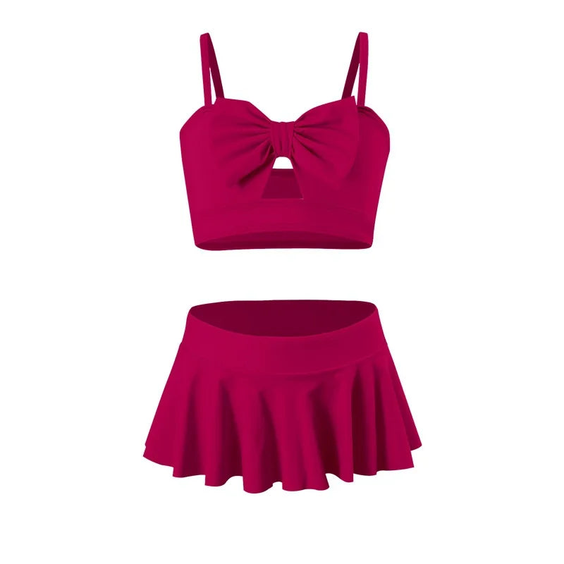 Girls Bow Bandeau Bikini Two Pieces Swimsuit Kids Ruffle Skirt Children's Swimwear 5-14 Years Teenager Bathing Suit Beach Wear