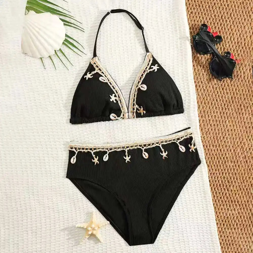 2026 Solid Girls Swimsuit Halter Triangle Bikinis Kids Swimwear Female Children's Bathers Bathing Swimming Swim Suit 8-12Y
