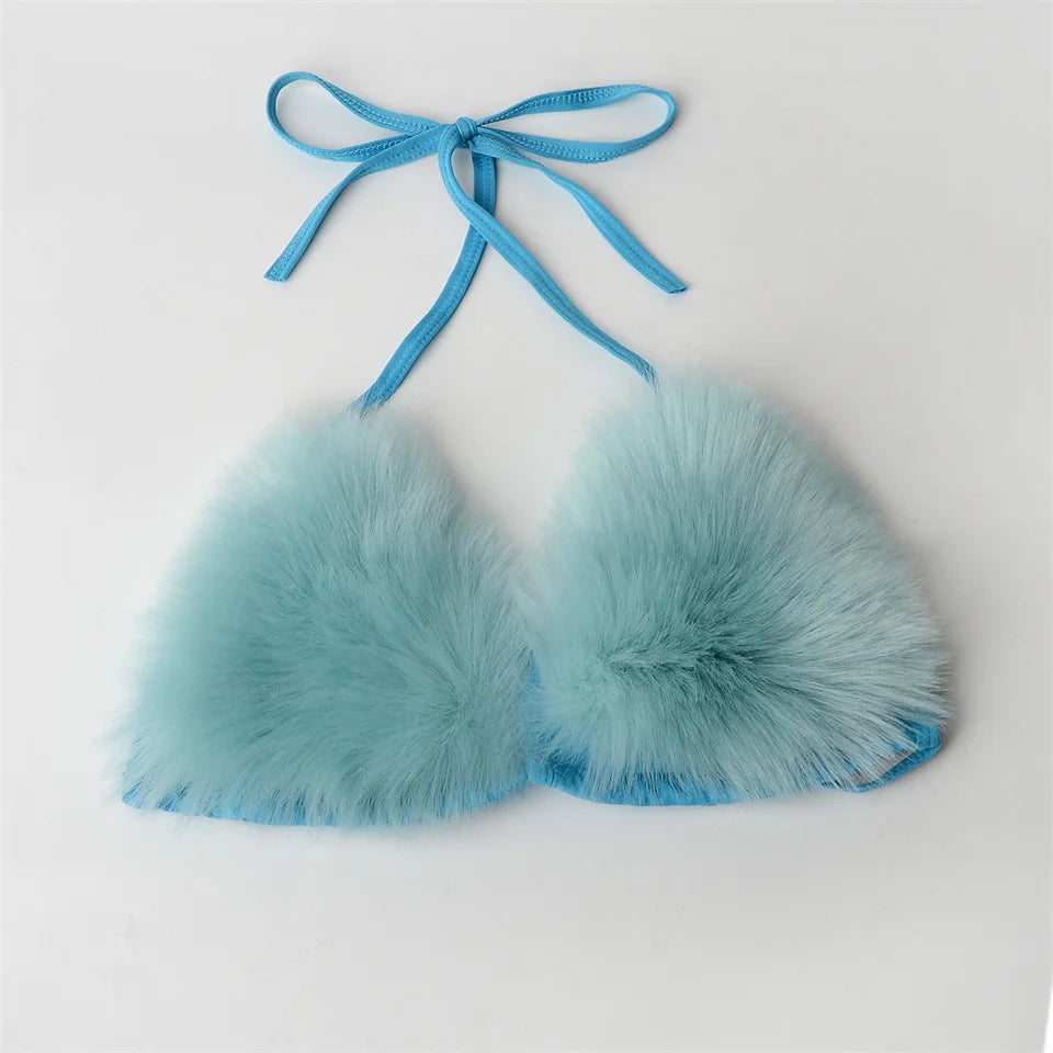 Summer Women Fake Fox Fur Sexy Halter Solid Color Bikini Set Swimsuits Triangle Sexy Bikini Set Faux Fur Swimsuit Plush Swimwear