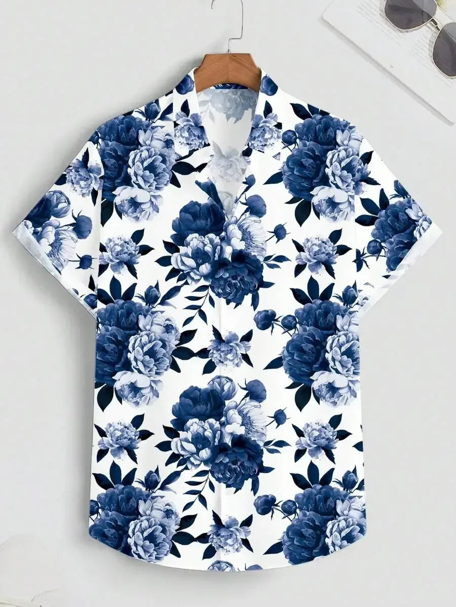 Men Casual Floral Print Short Sleeve Shirt Hawaiian Style Slim Fit For Summer Outdoor