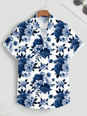 Men Casual Floral Print Short Sleeve Shirt Hawaiian Style Slim Fit For Summer Outdoor