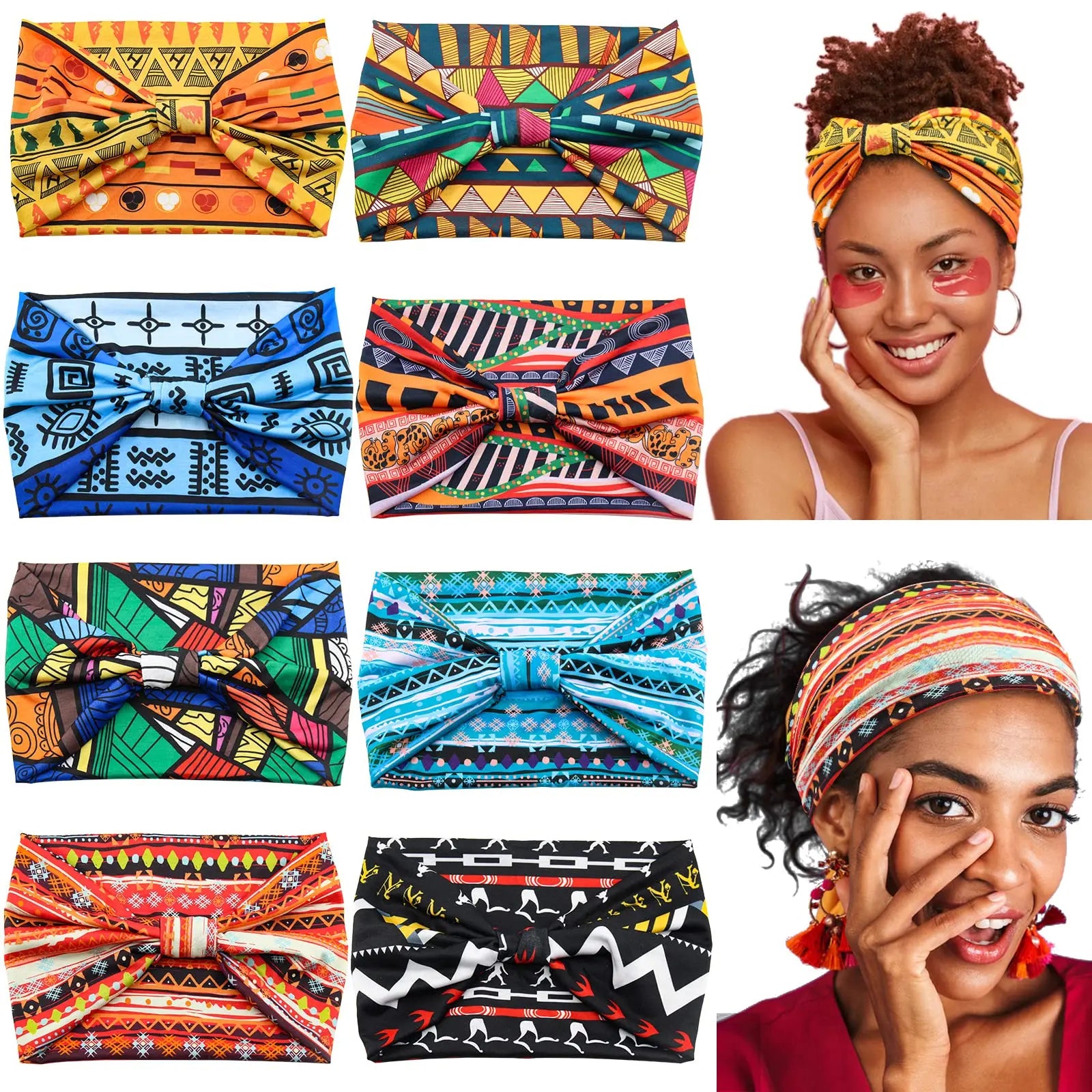 Boho African Headbands for Women Wide Cotton Turban Headwrap  Knot Elastic Hairbands Bandeau Sport Workout Yoga Hair Accessories
