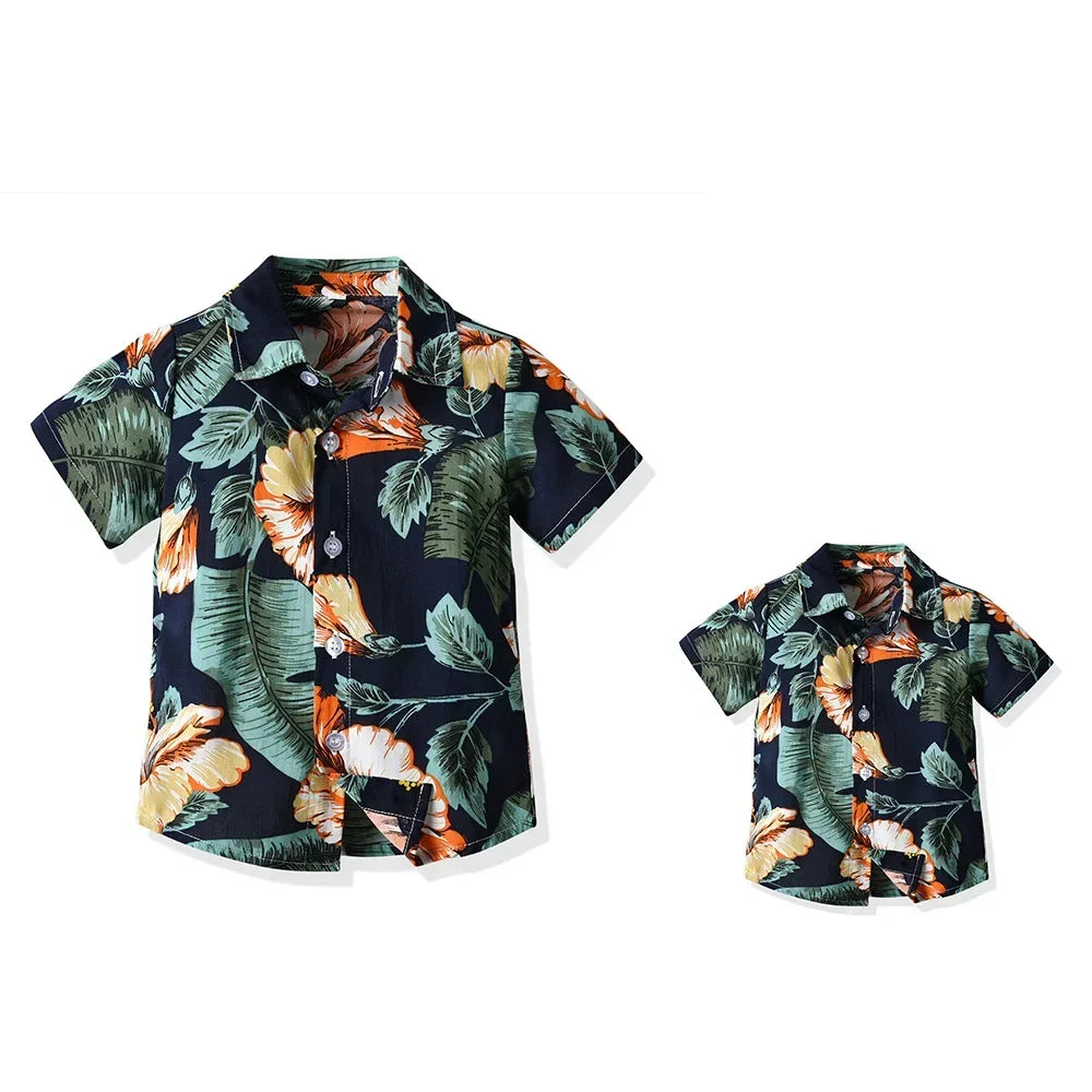 Boy Hawaiian Flower Shirt  Lapel Short Sleeve Father Kid Shredded Casual Cardigan Parent Child Clothe Button Summer Beach Blouse