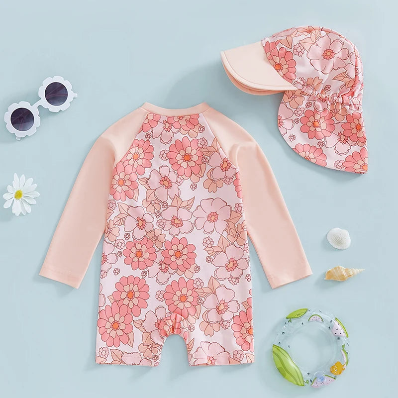 Tregren Toddler Girl Long Sleeve Swimsuit Floral/Flamingo Print Half Zipper Rash Guard Swimwear with Sun Hat Infant Beachwear