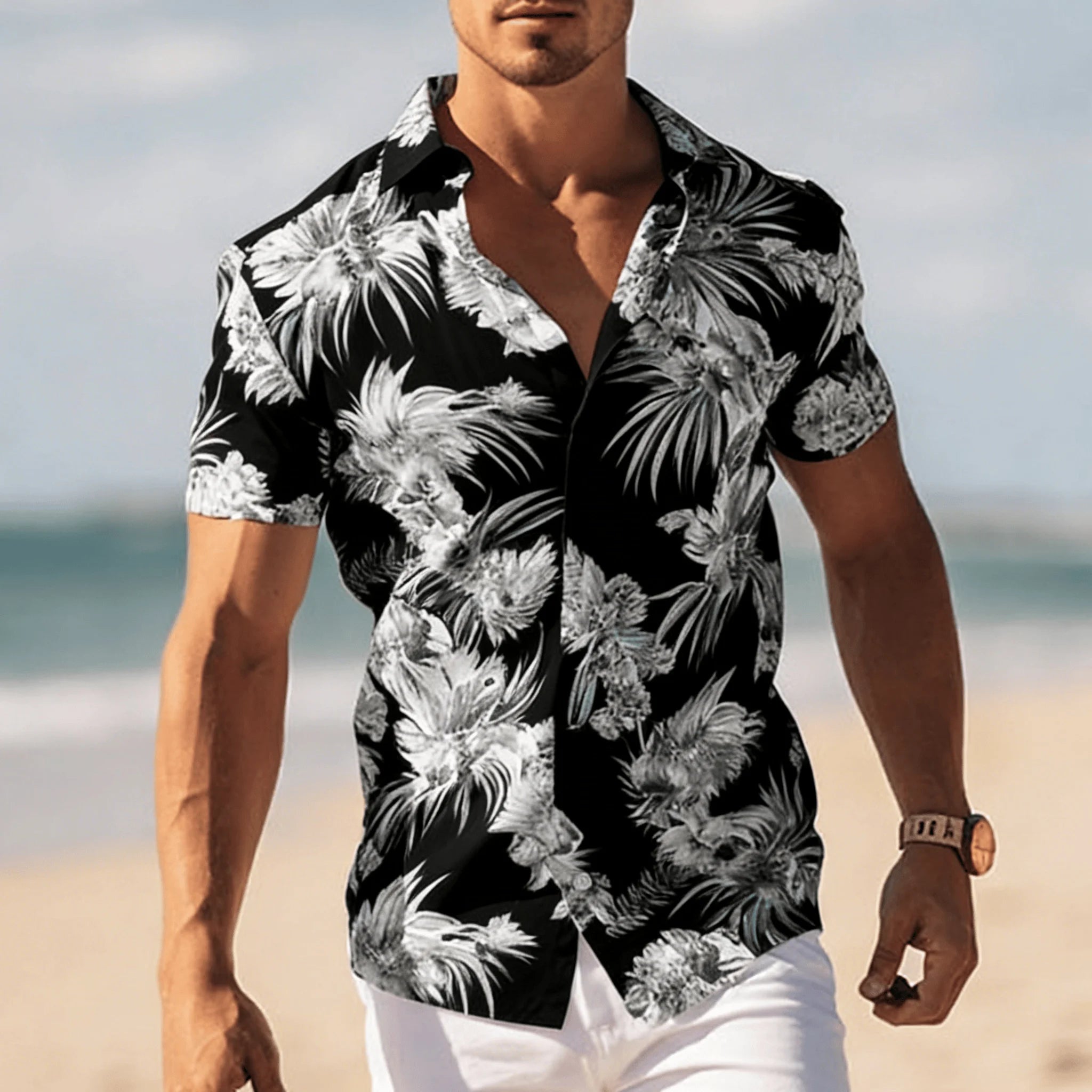 Men's Tropical Floral Print Short Sleeve Shirt, Spring Summer Cool Vacation Casual Top, Pocket Lapel Style