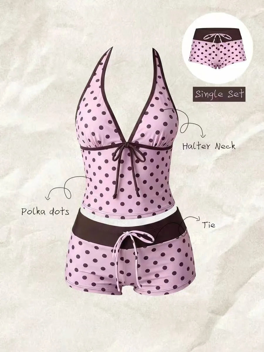 Women Swimwears Polka Dot 2-Piece Tankini Set Halter V Neck Front Tie Cami Top & Contrast Waistband Drawstring Swim Shorts