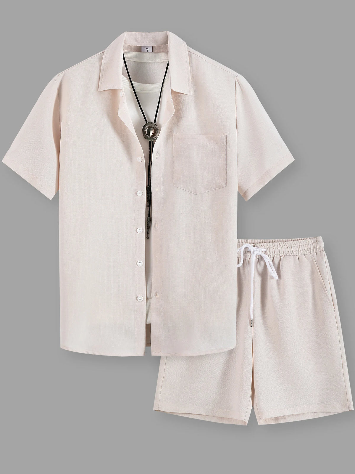 Summer Men's Cotton Linen Texture Lapel Short Sleeve Shirt & Shorts Set, Loose Comfortable Breathable Daily Casual Two-Piece Outfit