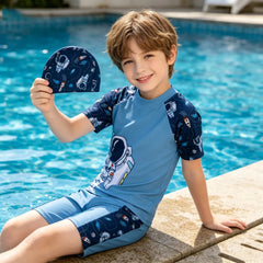 Boys Astronaut Swimsuit Set 3Pcs Kids Rash Guard Swimwear Short Sleeve Shirt + Shorts + Cap Children Beachwear UPF50+