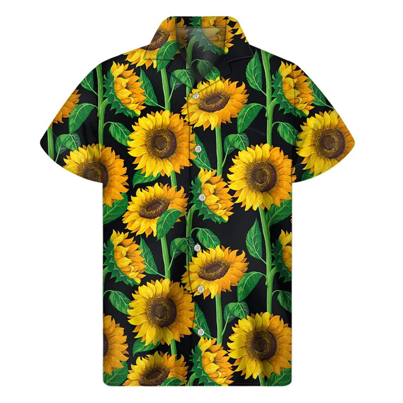3d Plants Sunflower Print Shirt For Men Fashion Classic Short Sleeve Summer Vacation Shirts Breathable Tops Hawaiian Shirts