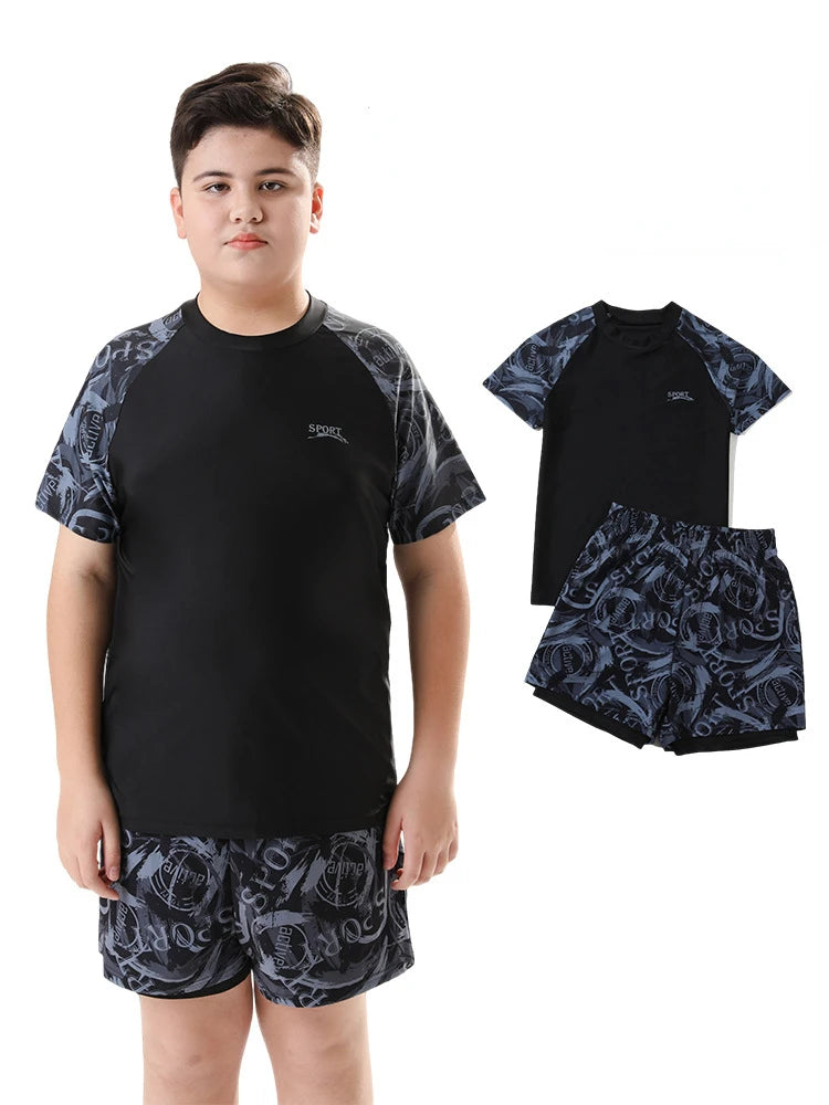Children's Swimwear with Cap, Split Body, Short Sleeve, Two Piece Swimsuit for Men, Teenagers, Boys, New, Hot Spring Set, 2024