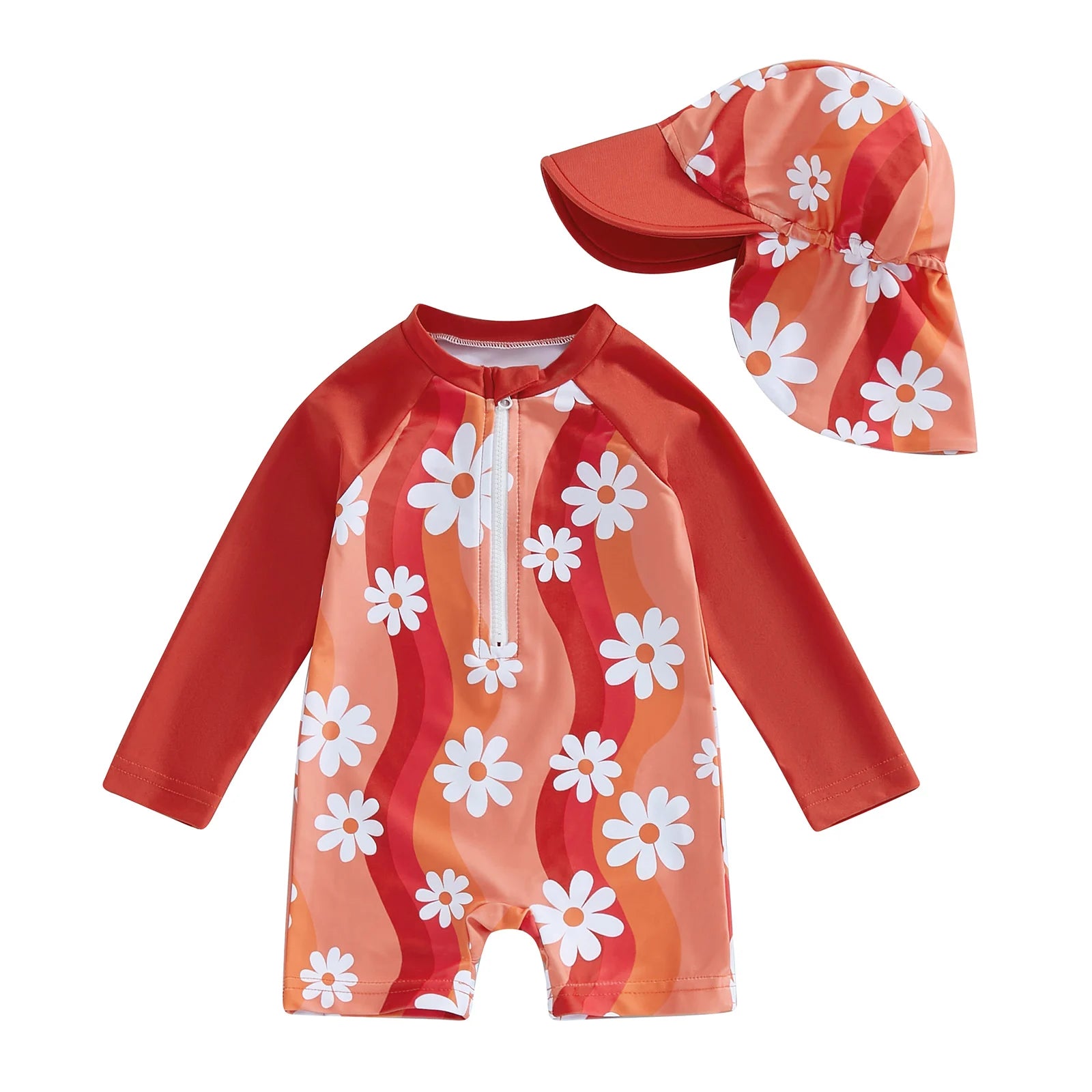 Tregren Toddler Girl Long Sleeve Swimsuit Floral/Flamingo Print Half Zipper Rash Guard Swimwear with Sun Hat Infant Beachwear