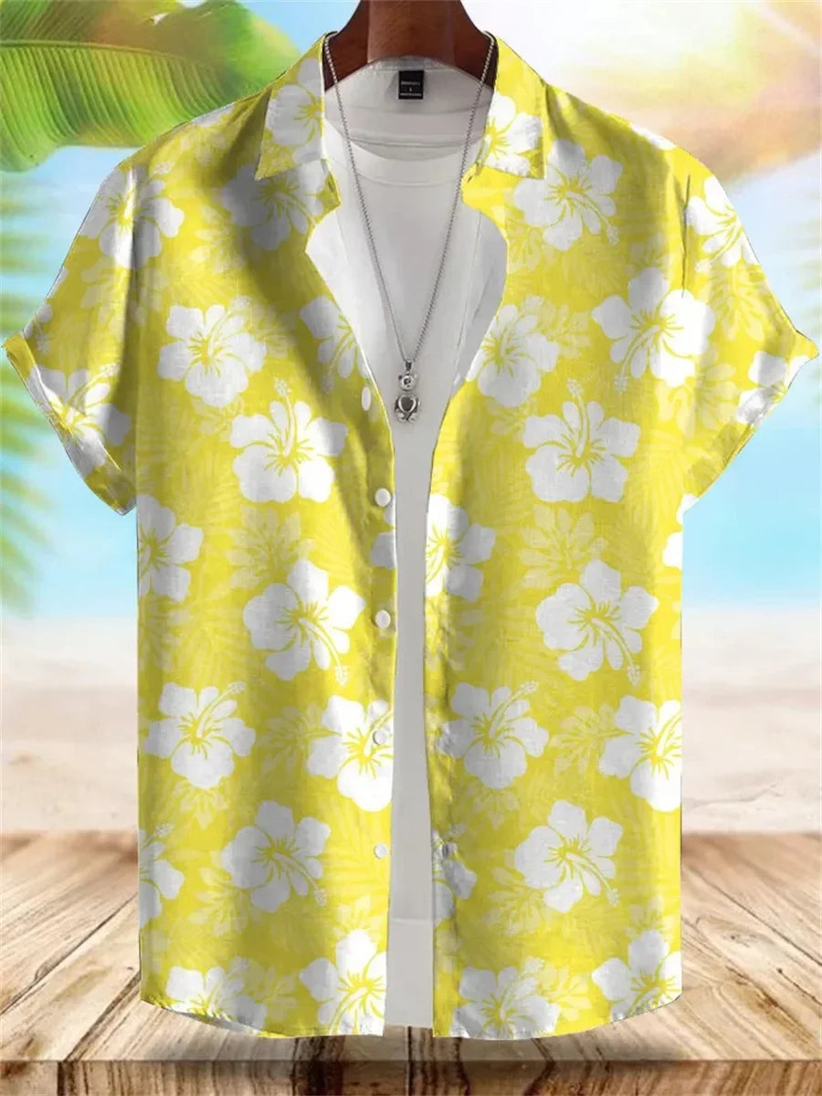2026 Summer New Men's Tropical Floral Print Short-Sleeve Shirt, Casual Loose Fit, Vacation Style, Beachwear, Hawaiian Shirt