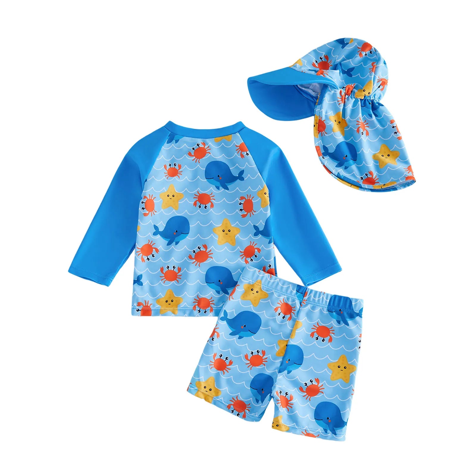 3Pcs Toddler Boy Swimsuit Set Long Sleeve Crew Neck Marine Animal Print Tops Swim Trunks and Hat Rash Guard Bathing Suit