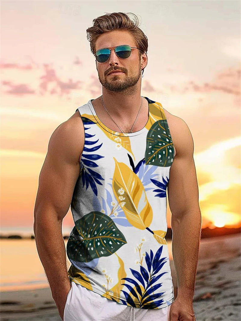 Tropical Plant Palm 3D Graphic Men's Sleeveless Hawaii Vacation Outdoor Casual Tank Tops Summer Travel Street Loose Men Clothing