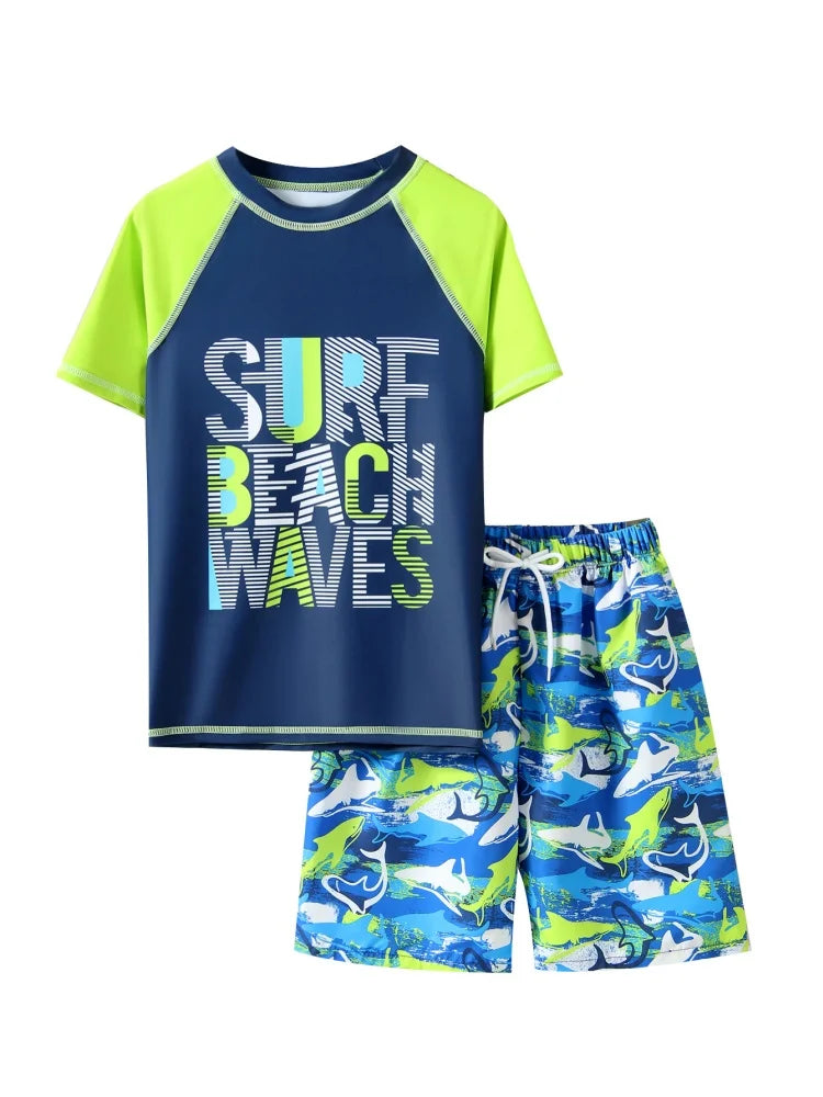 Boy Kids Swimsuit 2026 New Short Sleeve Letter Children Swimwear Summer Beach Shorts Two Piece Beachwear Bathing Suit Swimming