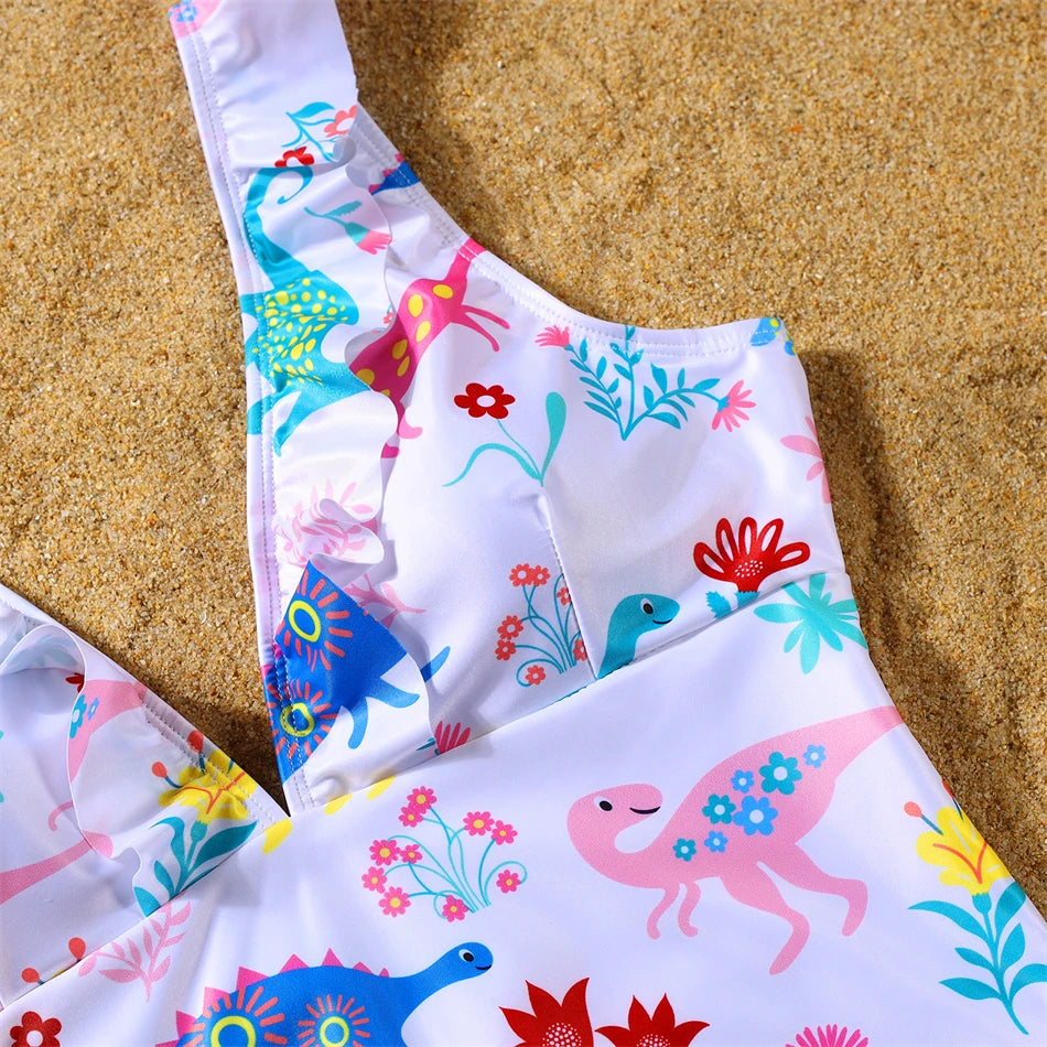 Dinosaurs Swimwear Family Matching Outfits V-Neck Mother Daughter Swimsuits Mommy and Me Dresses Clothes Father Son Swim Shorts