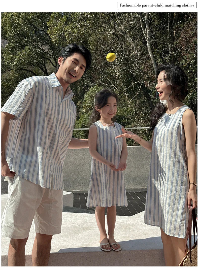 Korea Style Family Matching Outfit Striped Print Short Sleeve T-shirt+Shorts Tank Dress Parent-child Clothing Beach Holiday Look