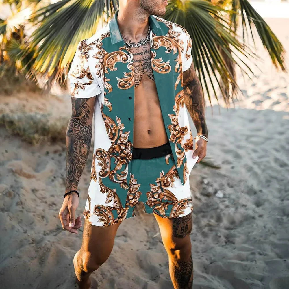 Men Hawaiian 2Pcs Sets Summer 3D Printing Short Sleeve Shirt Beach Button Shorts Streetwear Shirt Holiday Men's Two Piece Suit