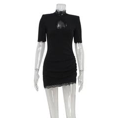 Lace Patchwork Hollow Out Bodycon Sheath High Collar Women Dresses Half Sleeves Outfits Sexy Club Fashion Female Mini Vestidos