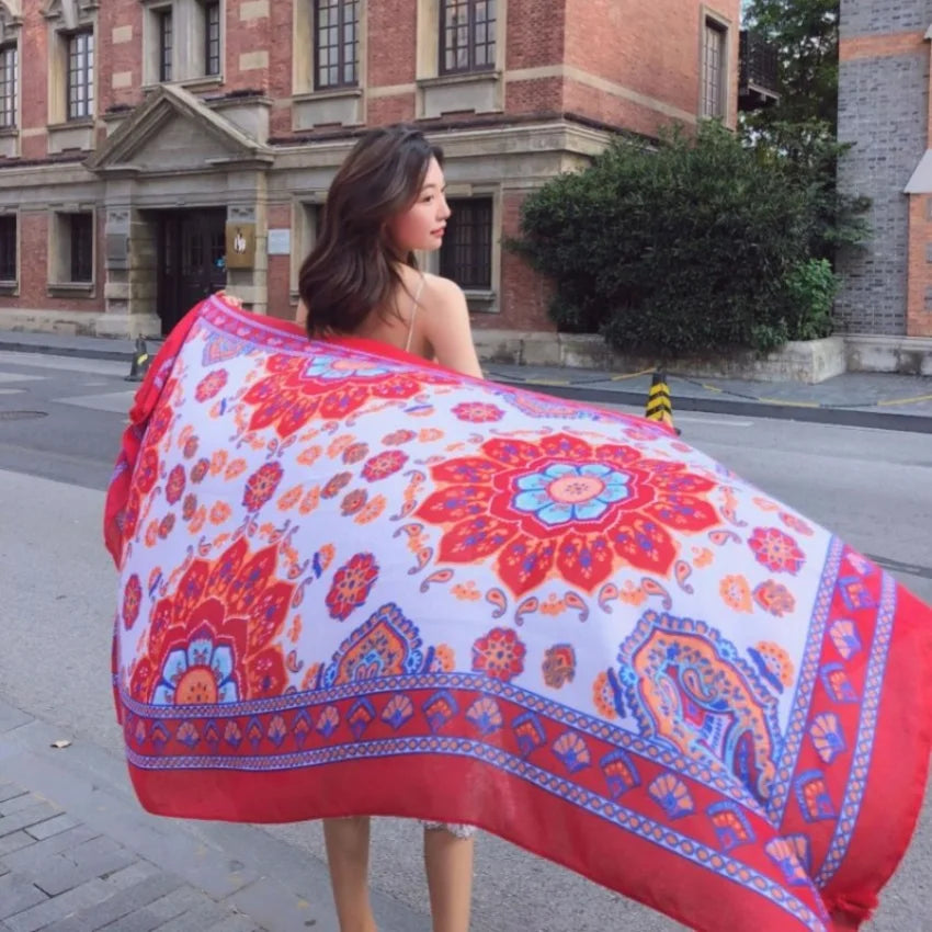 Fashions 90x180cm Twill Cotton Pareo Beach Cover-Ups Women Large Beach Dress Bikini Bathing Swimwear Cover Up Sarong Wrap Scarf