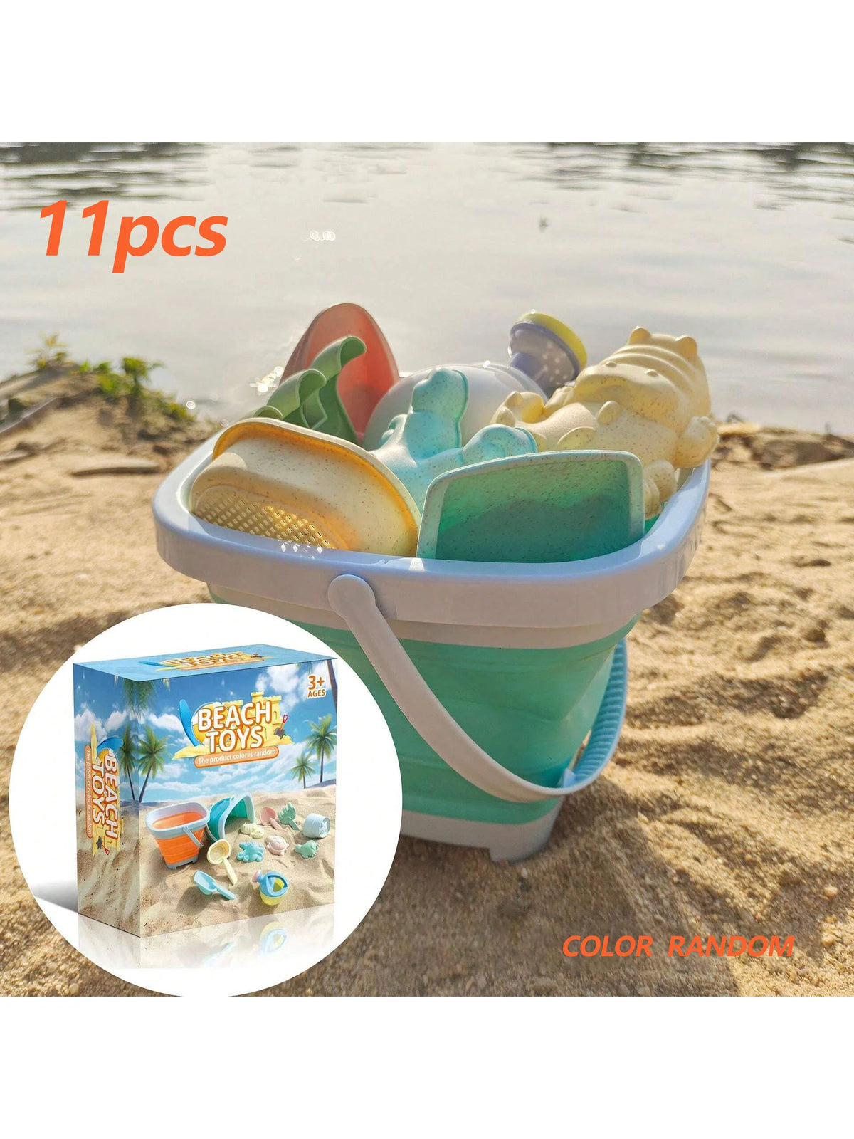 Kids Foldable Beach Bucket Set, Soft Silicone, with Shovels, Rakes, Molds, Portable, Ideal for Beach & Sandpit Play, Kids Gift