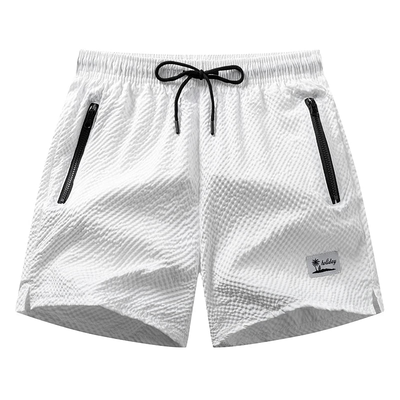 Men's Seersucker Beach Shorts with Mesh Liner Summer Casual Board Shorts with Zipper Pockets Quick Dry Swim Shorts Swim Trunks