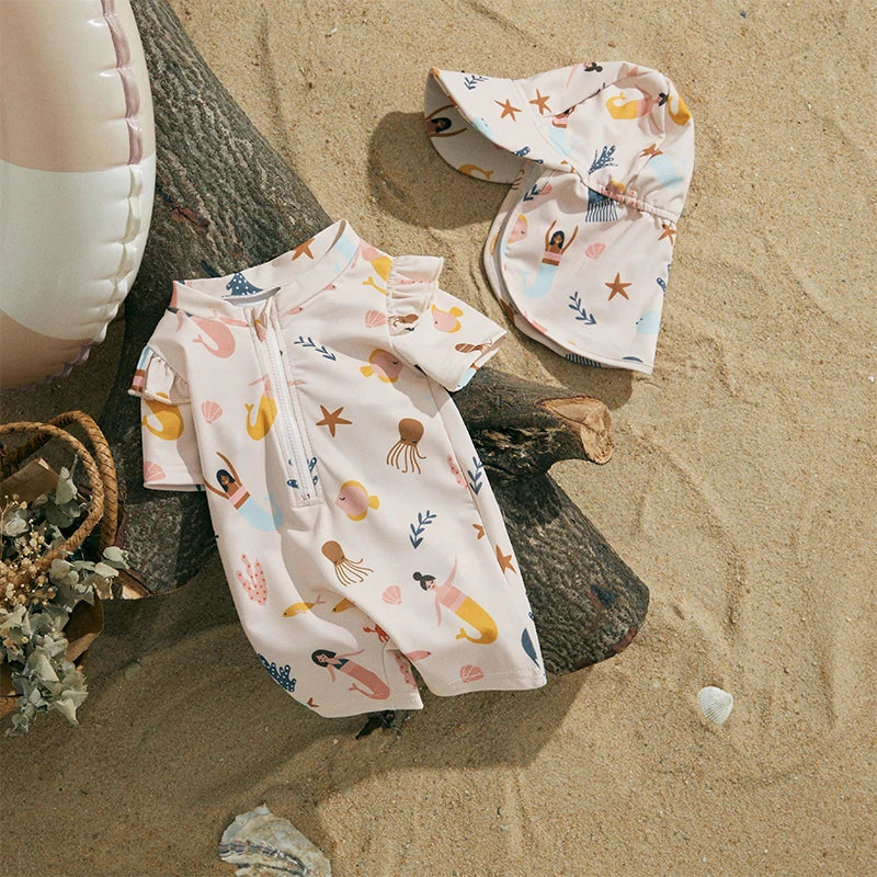 MISOWMNJOY Infant Baby Girl Summer Swimsuit Rash Guard Kids Beachwerar Short Sleeve Mermaid Kids Bathing Suit with Swim Cap
