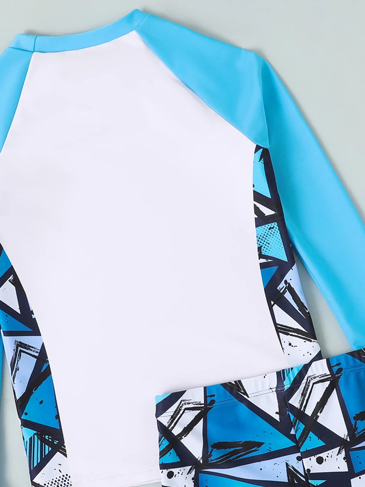 Boy Swimsuit 2026 New Geometry Print Long Sleeve Children Swimwear Summer Two Piece Kids Beach Wear Swimming Bathing Suit Men's