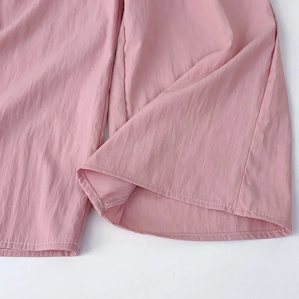 Summer Sweet and Casual 3-10-year-old Girls and Teenagers Pink Suit Square Collar Checkered Top+Wide Leg Pants Two Piece Set