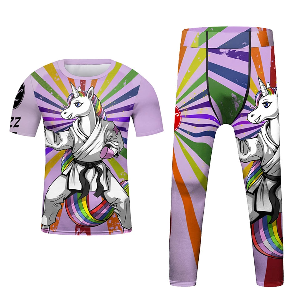 Kid's Jiu Jitsu MMA T-shirt +Pants Set Grappling Rashguard For Kid Bjj Boxing Jerseys Gi Rash Guard MMA Shorts Boxeo Sportsuits