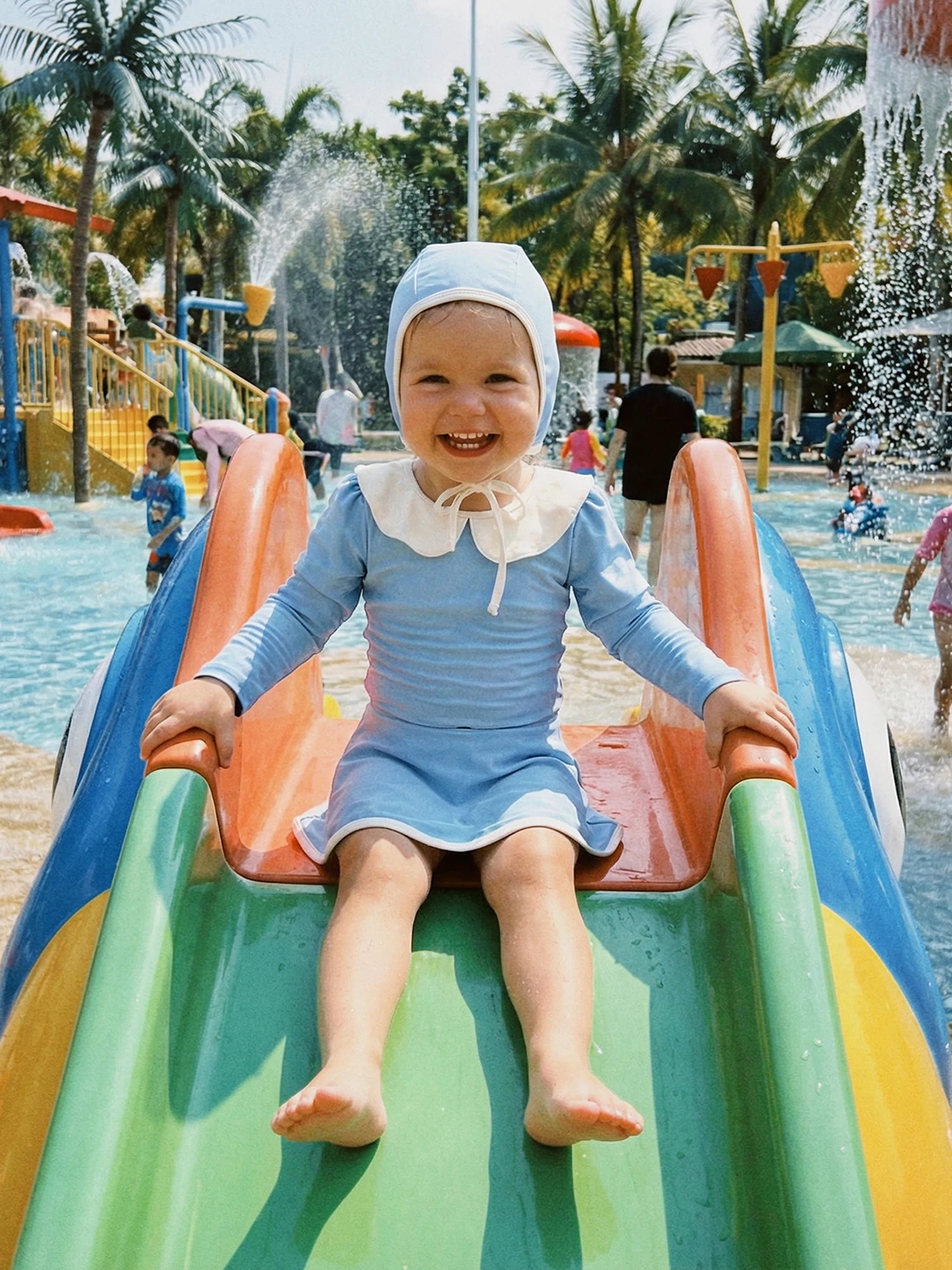 1-6T 3Pcs Little Girls Swimsuit Set Doll Collar Long Sleeve Contrast Color Rash Guard Swimwear Skirt and Hat