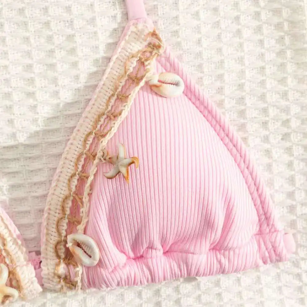 2026 Solid Girls Swimsuit Halter Triangle Bikinis Kids Swimwear Female Children's Bathers Bathing Swimming Swim Suit 8-12Y